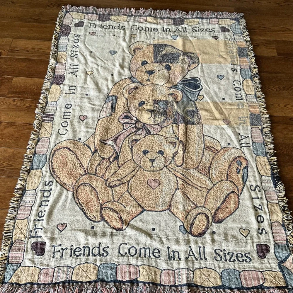 Vintage 1993 Priscilla Hillman Teddy Bear Woven Tapestry Throw Blanket 46x68